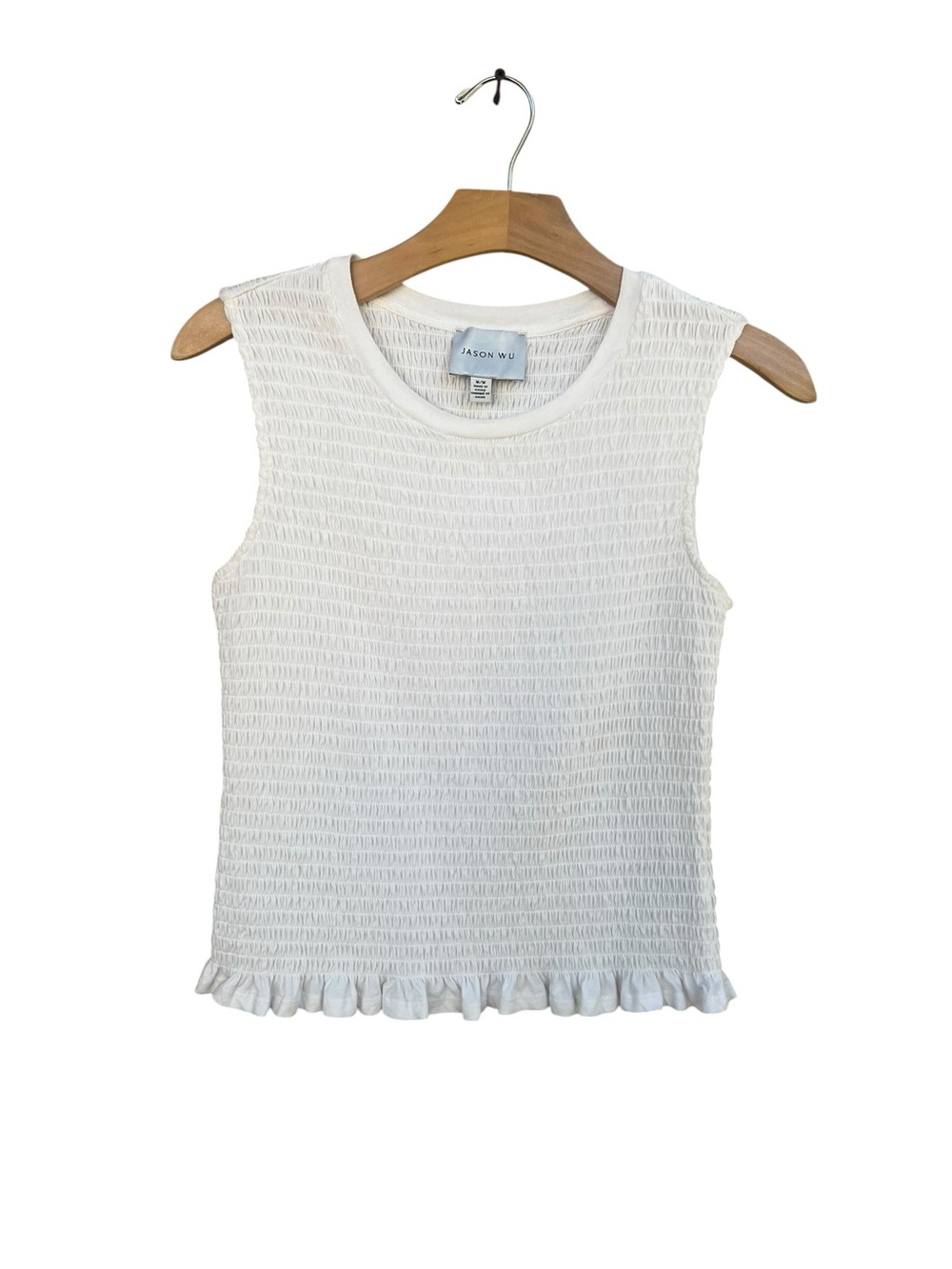 Jason Wu White Smocked Sleeveless Ruffle Hem Cotton Top Size Medium